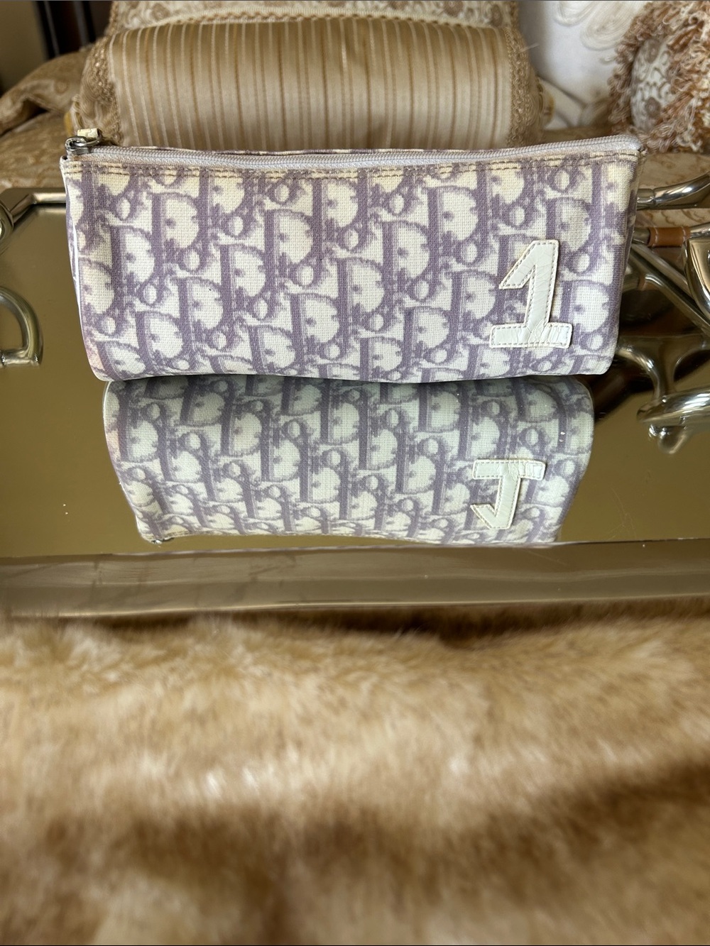 Dior Lavender Oblique Canvas Cosmetic Pouch with White '1' Appliqué Project Bag